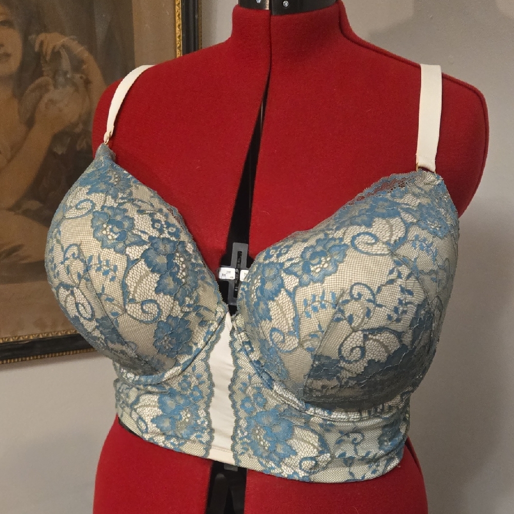 Torrid Blue and Cream Lace Bra Longline Wired Plunge Push-up 42H
